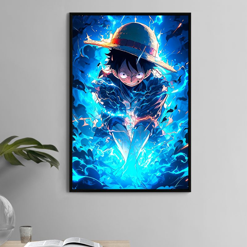 Luffy anime print 11x17 with glowing blue energy effect – Snapping Turtle Gallery