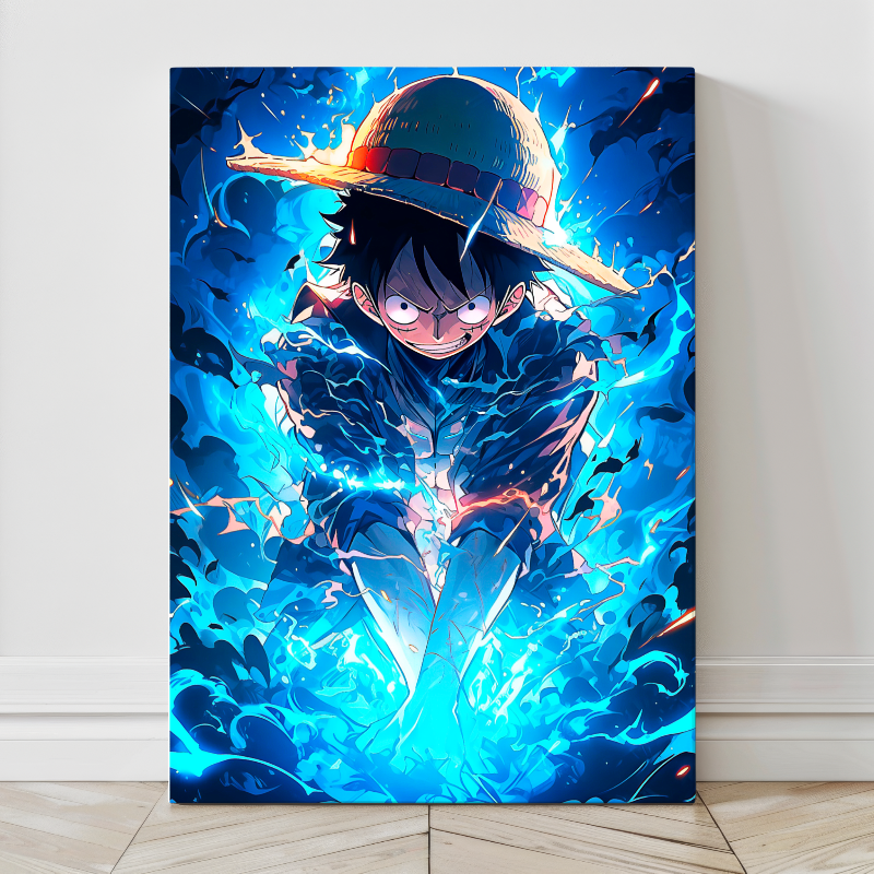 24x36 Luffy canvas wall art with intense blue chakra energy – Snapping Turtle Gallery