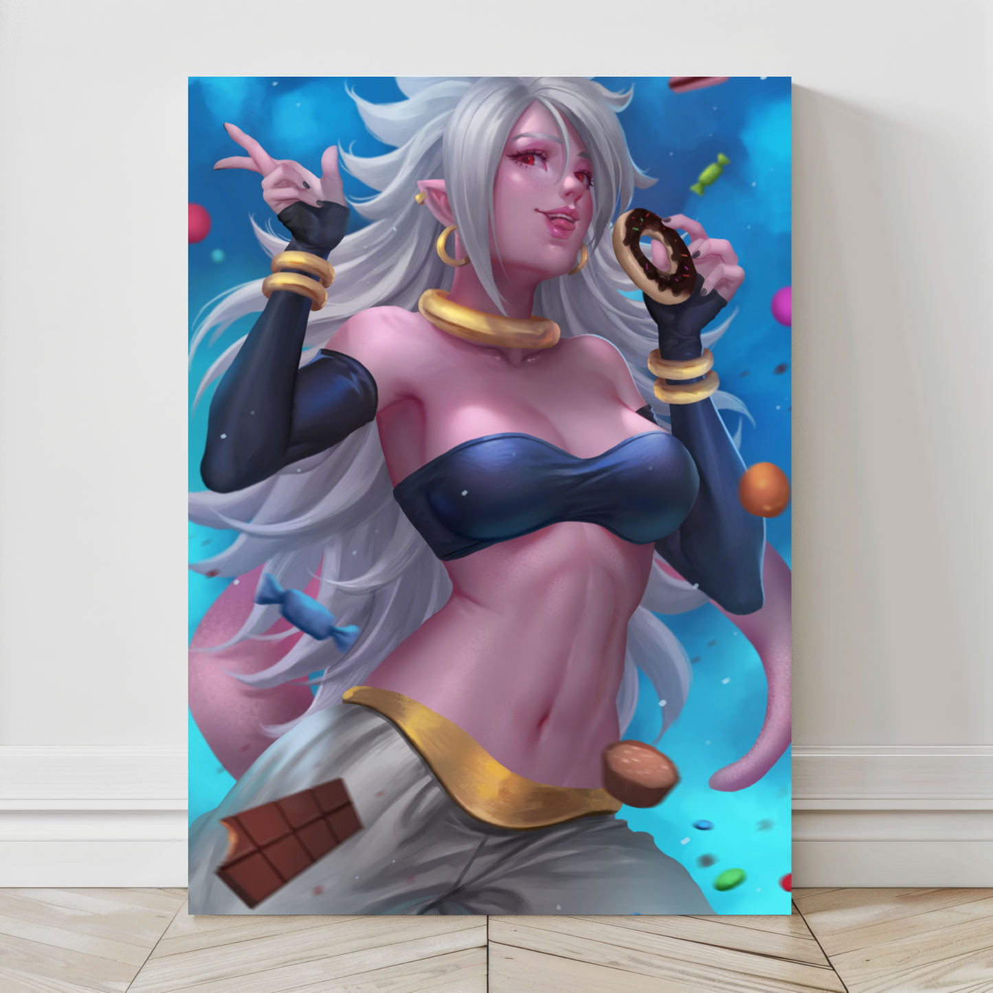 24x36 Canvas print of Majin Android 21 surrounded by candy – Dragon Ball wall art by Nopeys