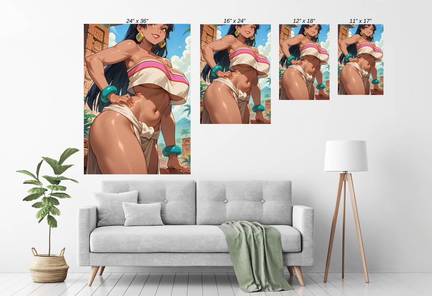 Room mockup — Sunlit Terrace Muse framed on wall, Chel centerpiece with tropical palette.