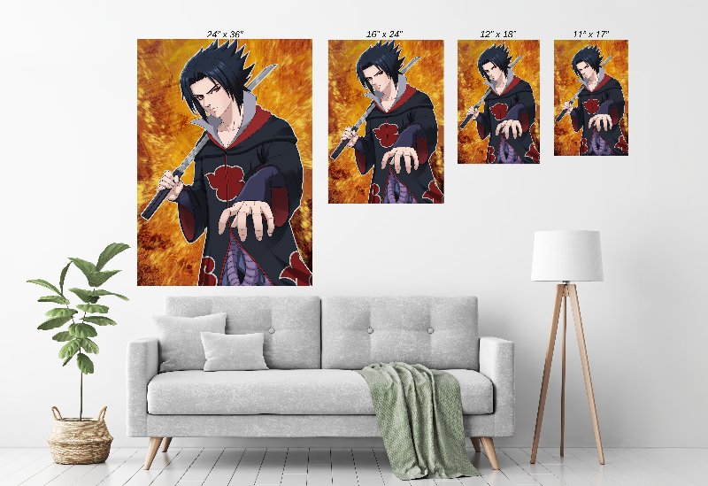 Gallery-wrapped Size Chart canvas of Sasuke with sword drawn and purple guardian behind him; rich blacks and glowing highlights for a dramatic wall centerpiece.