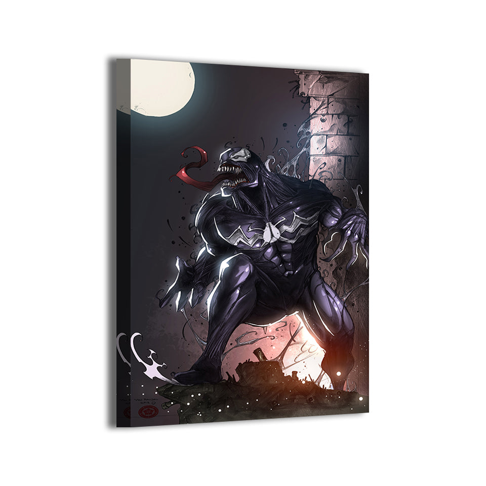 Canvas print of Venom snarling in a crouched position with glowing moon in background