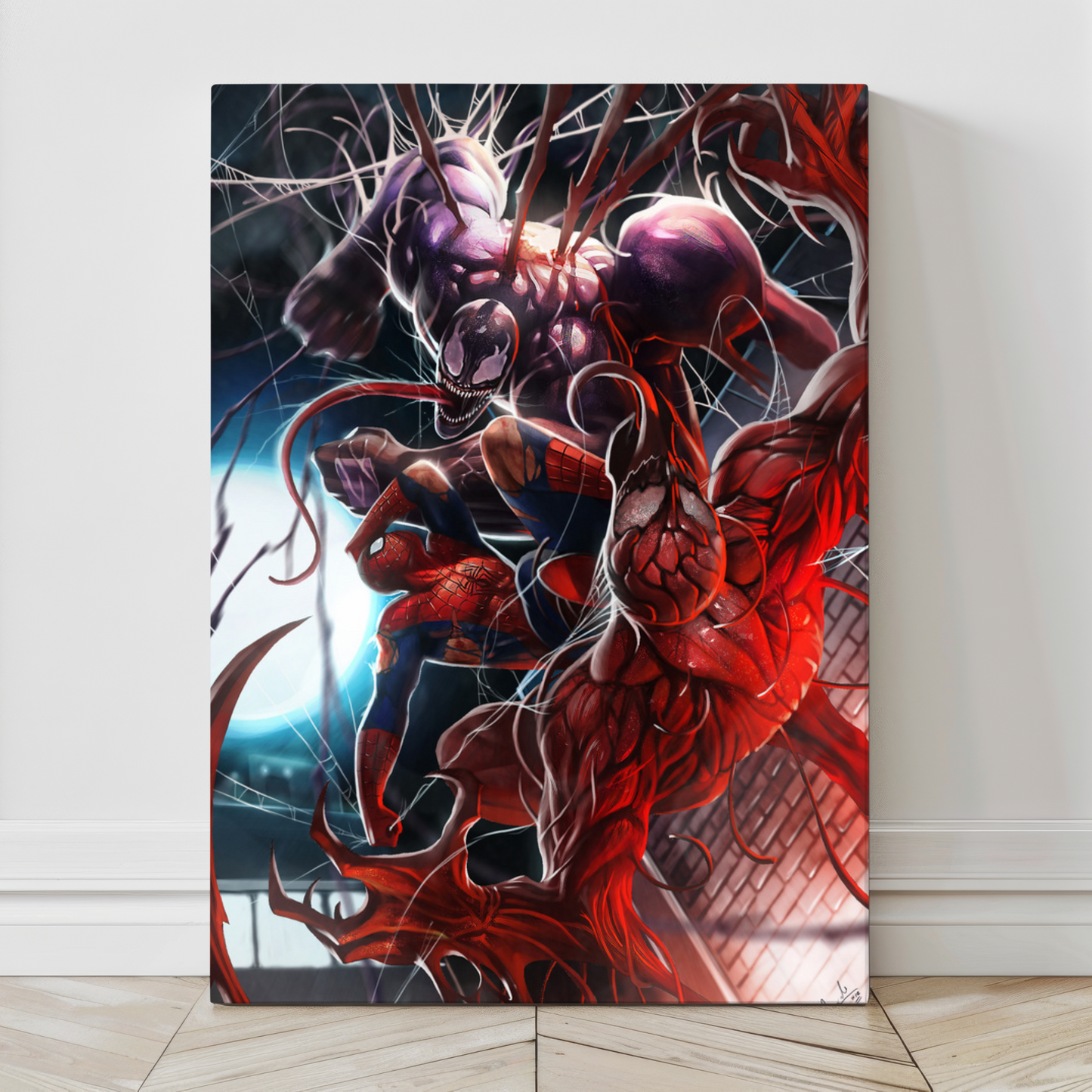 24x36 wall art of Spider-Man vs Venom & Carnage in rooftop chaos