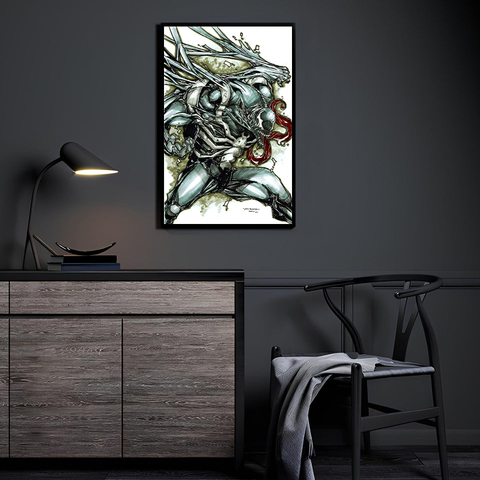 Poster print of Venom in twisting motion with tendrils spiraling and tongue extended