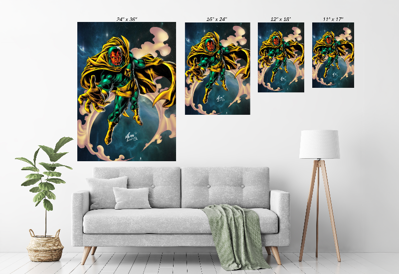 Size Chart Canvas wall art of Vision flying with golden cape against cosmic sky