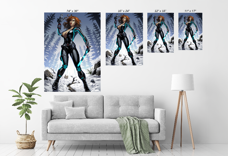 Size Chart Poster print featuring Black Widow in tactical pose with snowy forest background