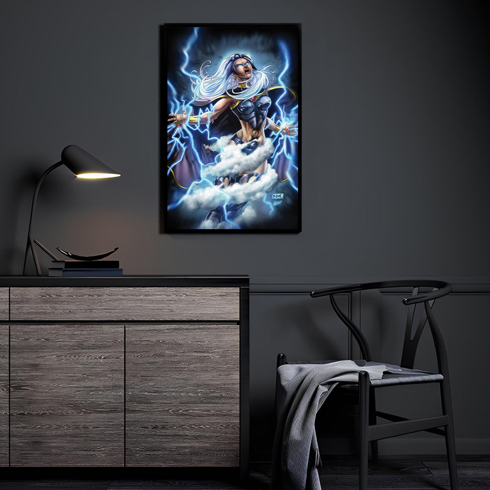 Poster—Storm (Ororo Munroe) unleashing lightning; art by Richard Bue, colors by Martin Mariano Hernandez Tena.