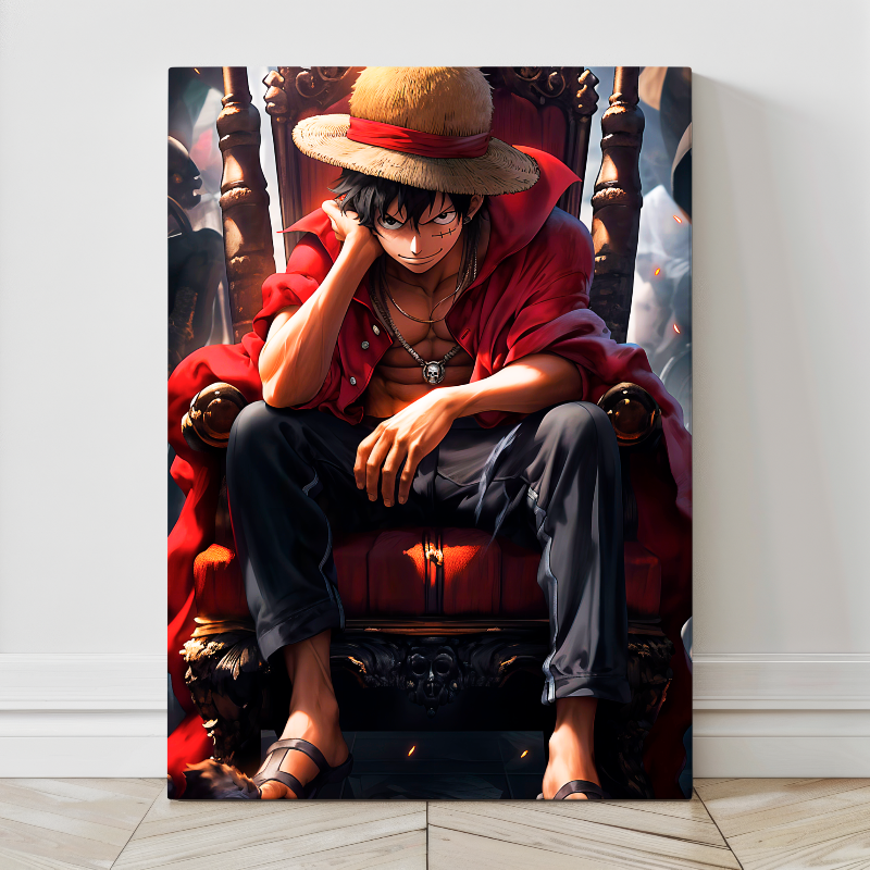 24x36 metal art of Luffy on throne, pirate king energy – Snapping Turtle Gallery