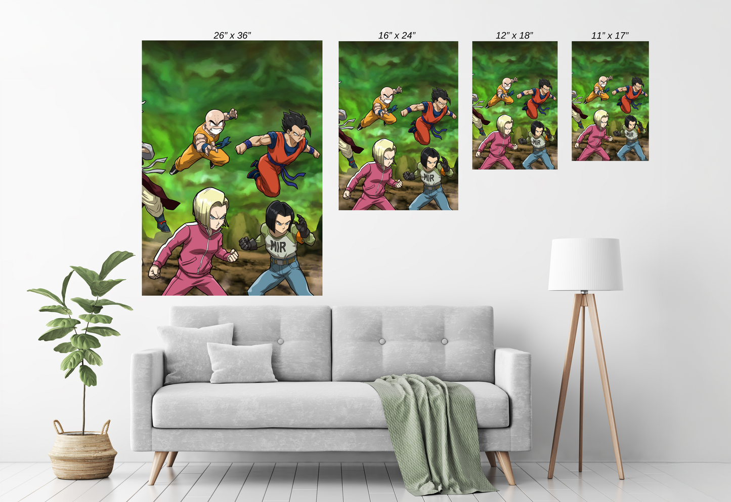 Alt: Full power DBZ ally team charging scene – Size Chart canvas artwork