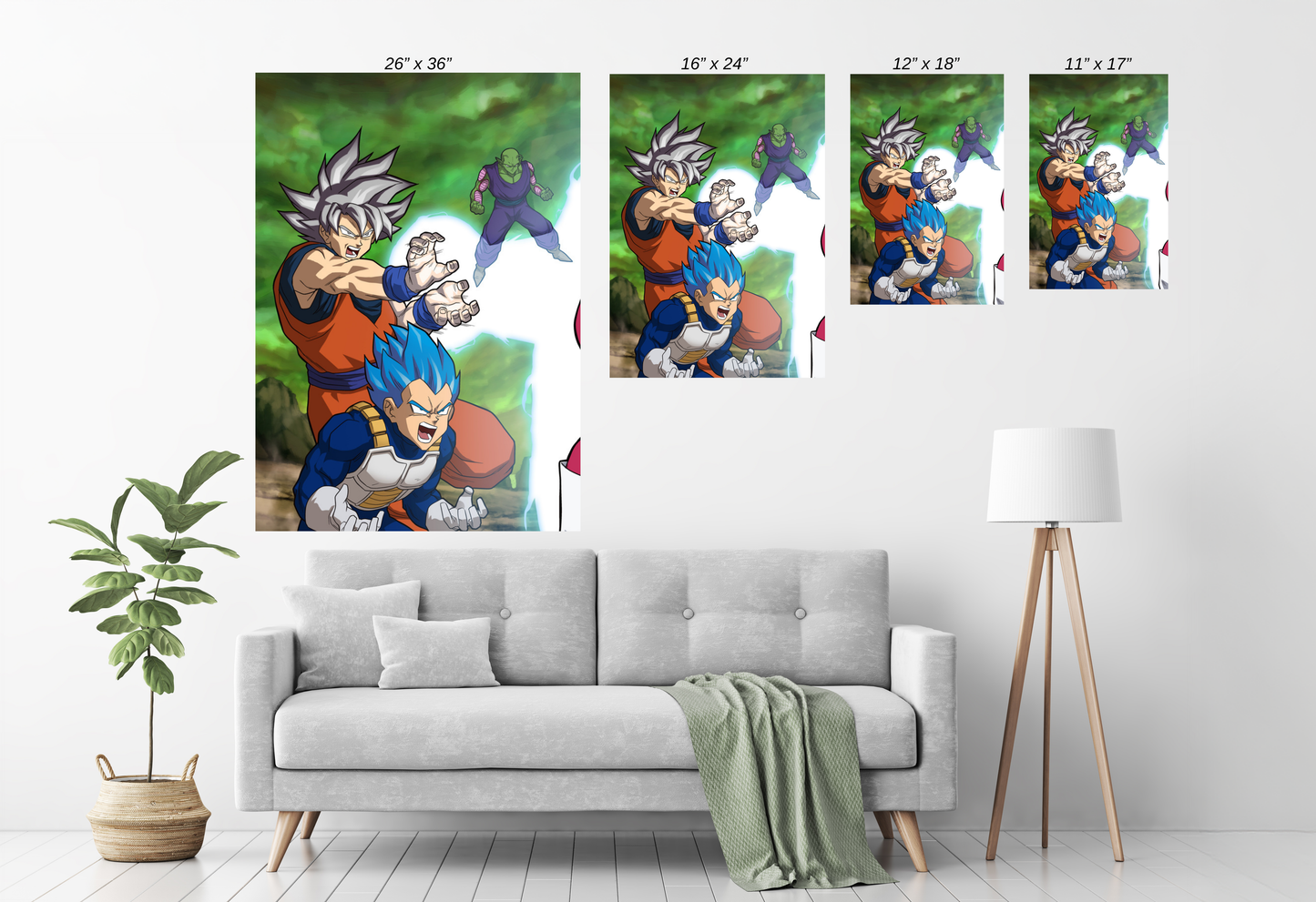 Alt: Ultra Instinct Goku, Blue Vegeta, and Piccolo power-up – Size Chart anime print