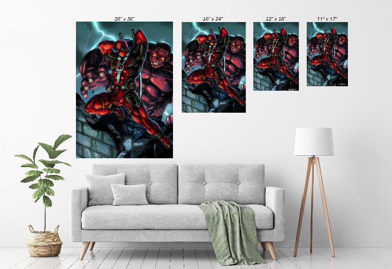 Alt Text: 24x36 canvas of chaotic Marvel duo Deadpool and Red Hulk in battle