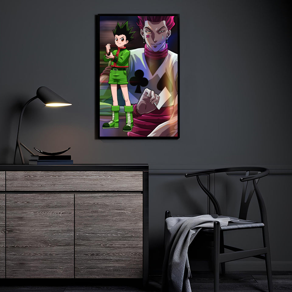 Alt: Size chart for Gon vs Hisoka fan wall art in canvas, acrylic, metal for Hunter x Hunter fans.