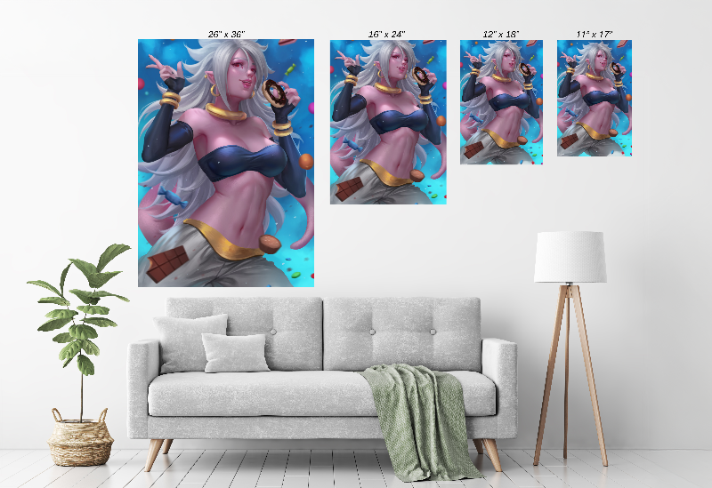 Size Chart print of Majin Android 21 surrounded by candy – Dragon Ball wall art by Nopeys