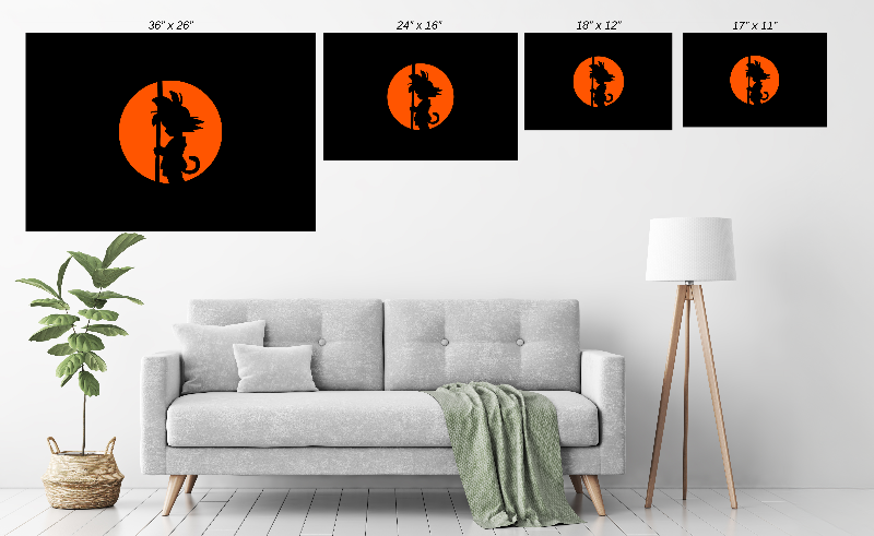 Alt: Anime silhouette art of Kid Goku with staff – size chart metal wall print