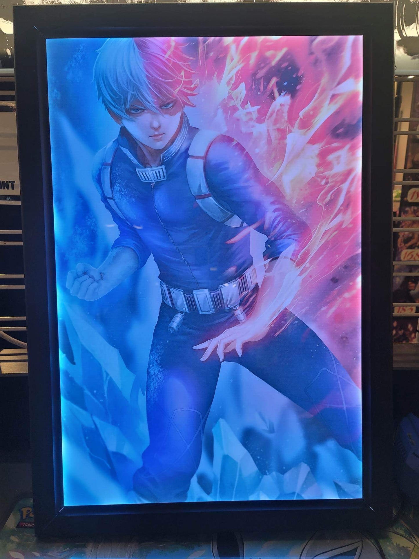 Todoroki anime art from My Hero Academia in RGB LED acrylic lightbox frame with red and blue lighting, ideal for anime collectors, Snapping Turtle Gallery.