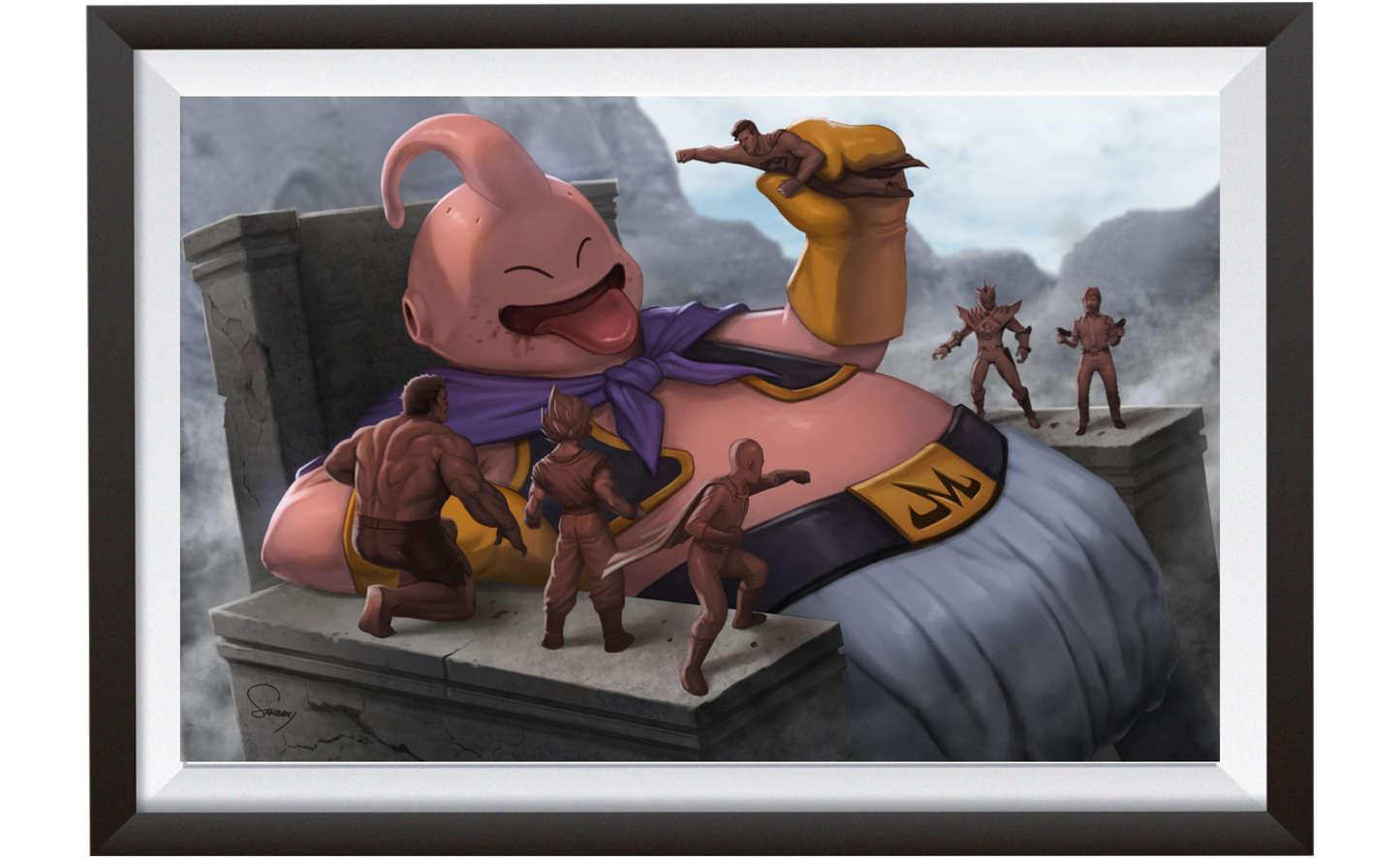 Alt: Funny Majin Buu fan art – oversized villain with miniature heroes – 24x36