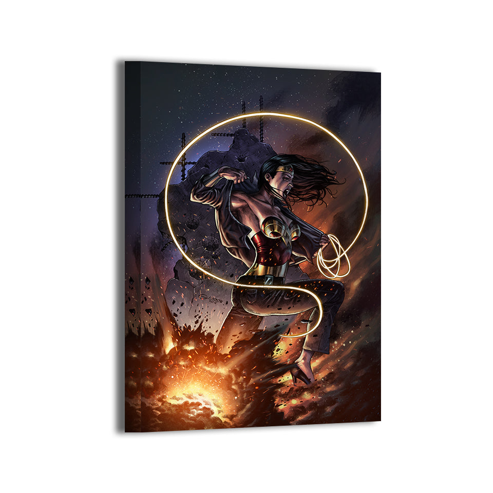 Epic Wonder Woman with golden lasso and city in flames – large canvas print