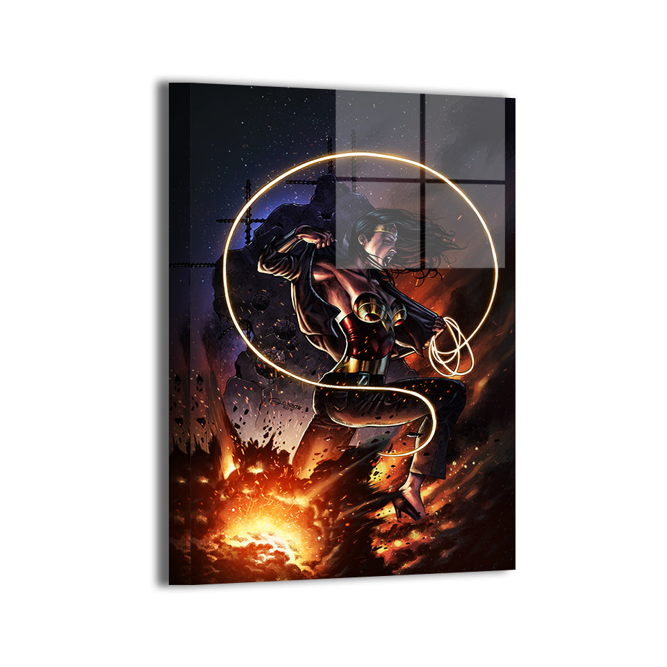 Wonder Woman bursting into action with golden glow – large metal print