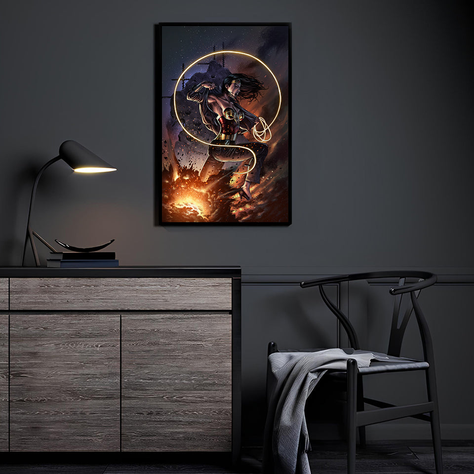 Wonder Woman transforming with glowing lasso and explosion – poster print