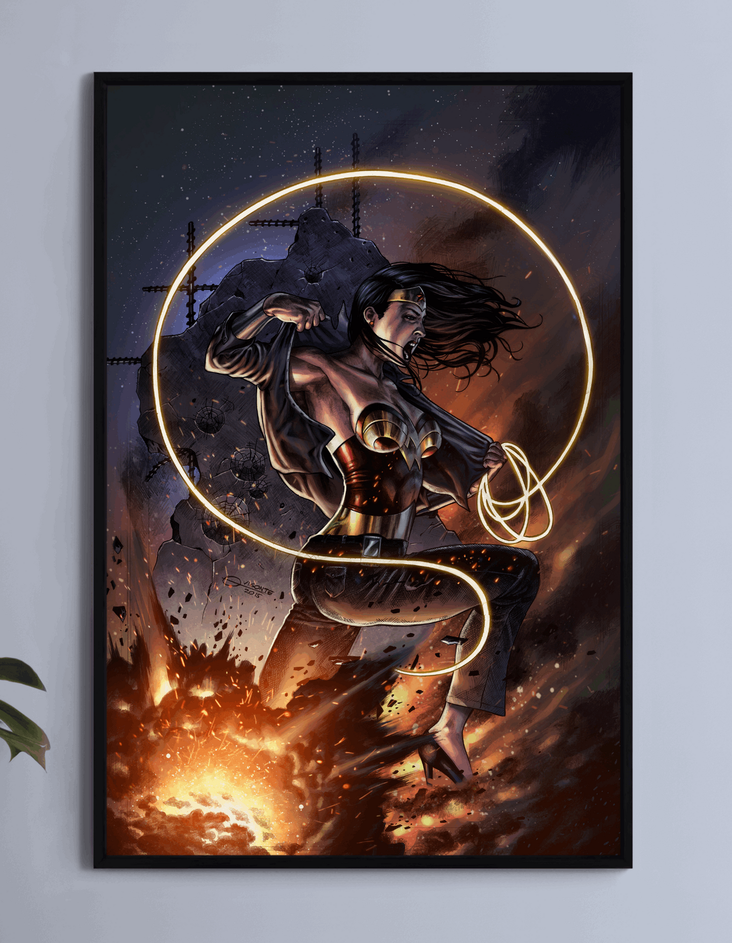 Wonder Woman transforming with glowing lasso and explosion – poster print