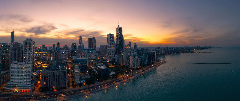 Twilight in Chicago wall art in 11x26 canvas print format – available at Snapping Turtle Gallery