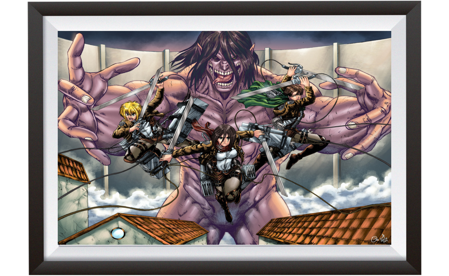 11x17 poster print of Attack on Titan scene with Mikasa, Levi, Armin, and Eren’s Titan form