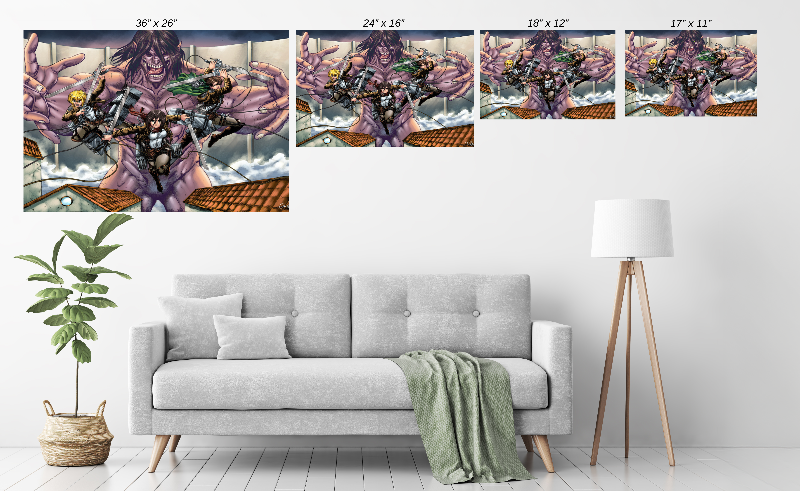 Size Chart poster print of Attack on Titan scene with Mikasa, Levi, Armin, and Eren’s Titan form