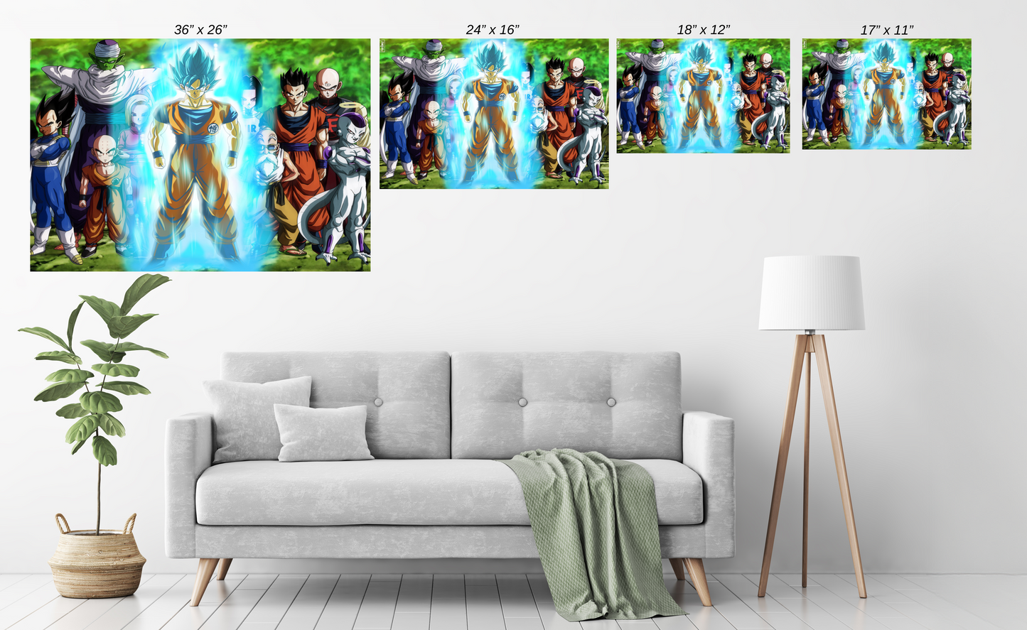 Universe 7 warriors standing unified with Goku at the center – 24x36 canvas
