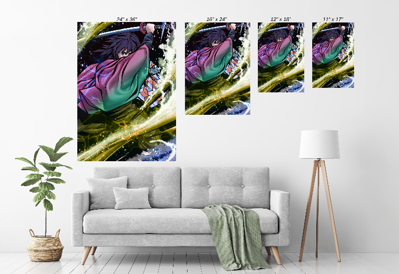 Framed wall art in a modern room setting—water-arc swordsman size chart styled for gaming/collector décor.