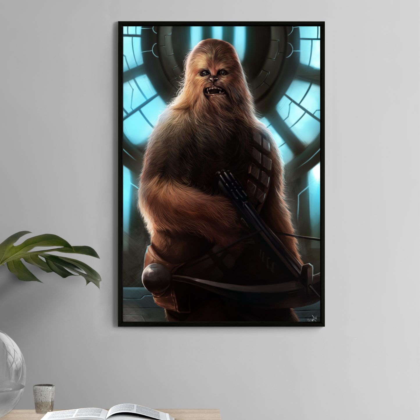 Chewbacca-inspired 11x17 wall art print – crossbow pose, blue glow