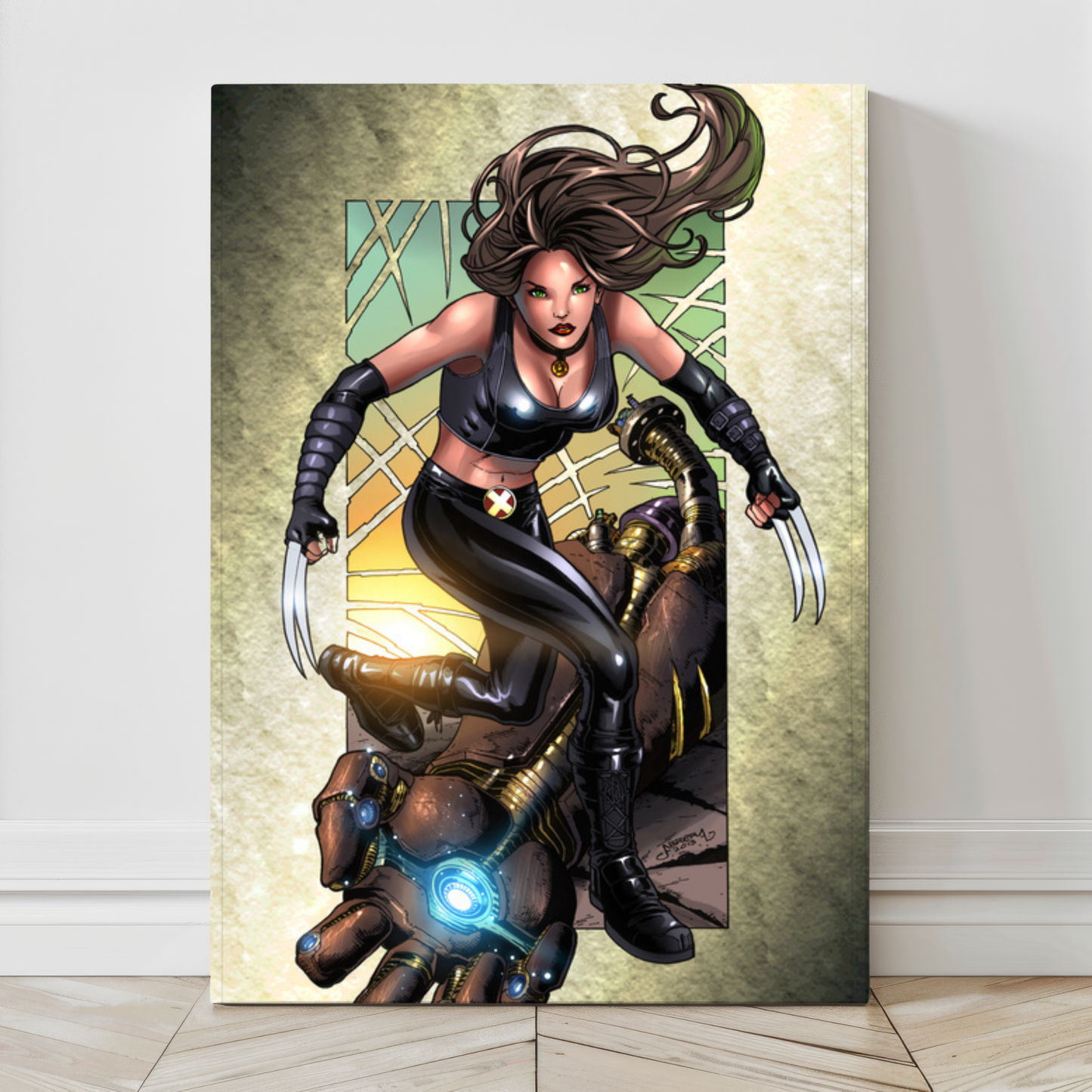 24x36 canvas showing X-23 mid-air over shattered Sentinel remains