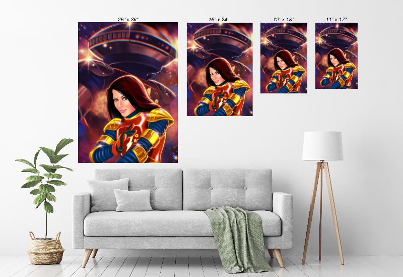 Alpha 5 wall art Size Chart print with Sandy Sellner in retro Power Rangers armor.