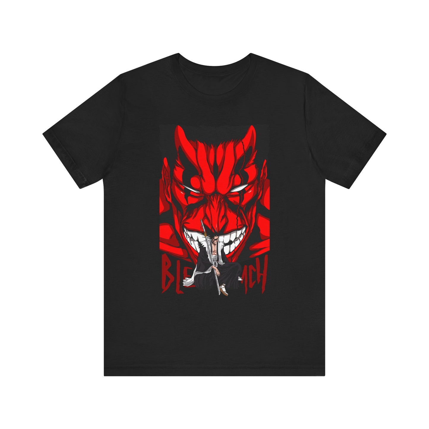 Alt: Crimson Demon Samurai Anime Shirt on black, angled front view, anime streetwear by Snapping Turtle Gallery