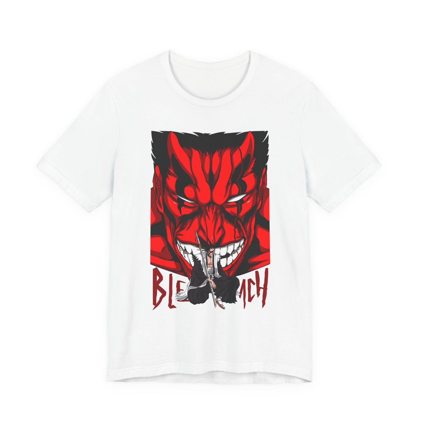 Alt: Crimson Demon Samurai Anime Shirt on white, angled front view, anime streetwear by Snapping Turtle Gallery