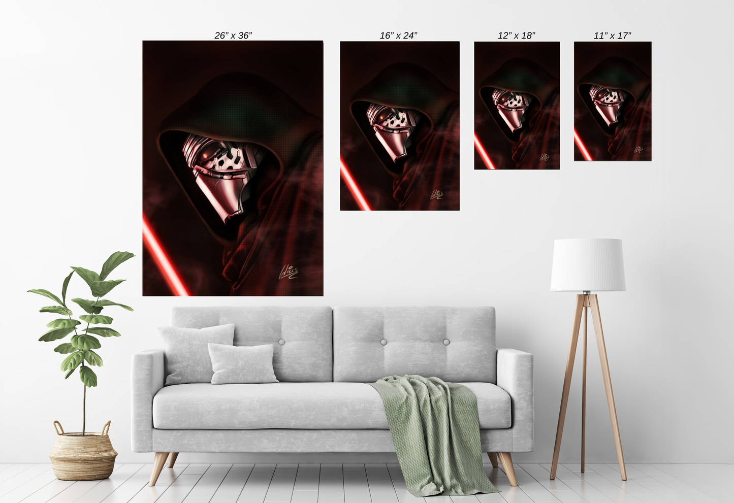 Alt Text: Dark Side Ascendant Poster Print – Kylo Ren Star Wars size chart Wall Art