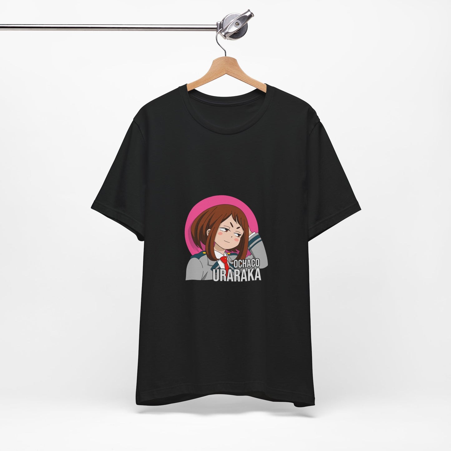 Alt: Gravity Hero Academy Anime Shirt on black, hanging front, anime apparel by Snapping Turtle Gallery