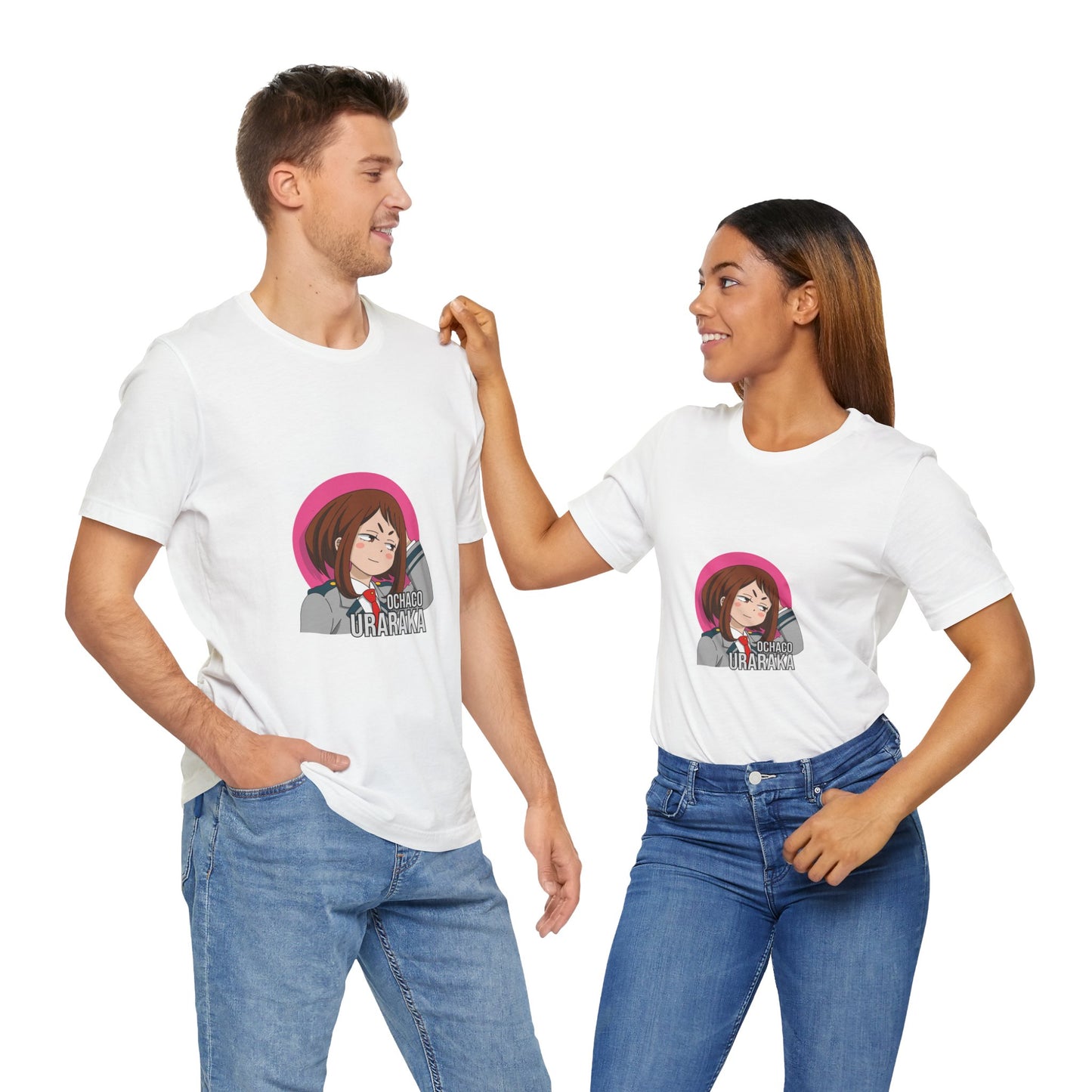 Alt: Gravity Hero Academy Anime Shirt on white, worn by models, lifestyle display by Snapping Turtle Gallery