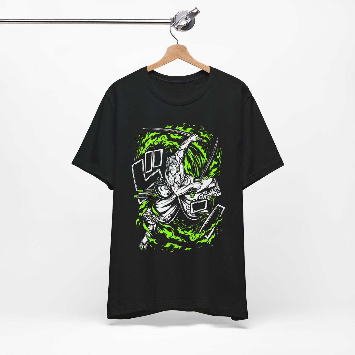 Alt: Green Flame Swordsman Anime Shirt on black, flat lay display, anime graphic tee at Snapping Turtle Gallery