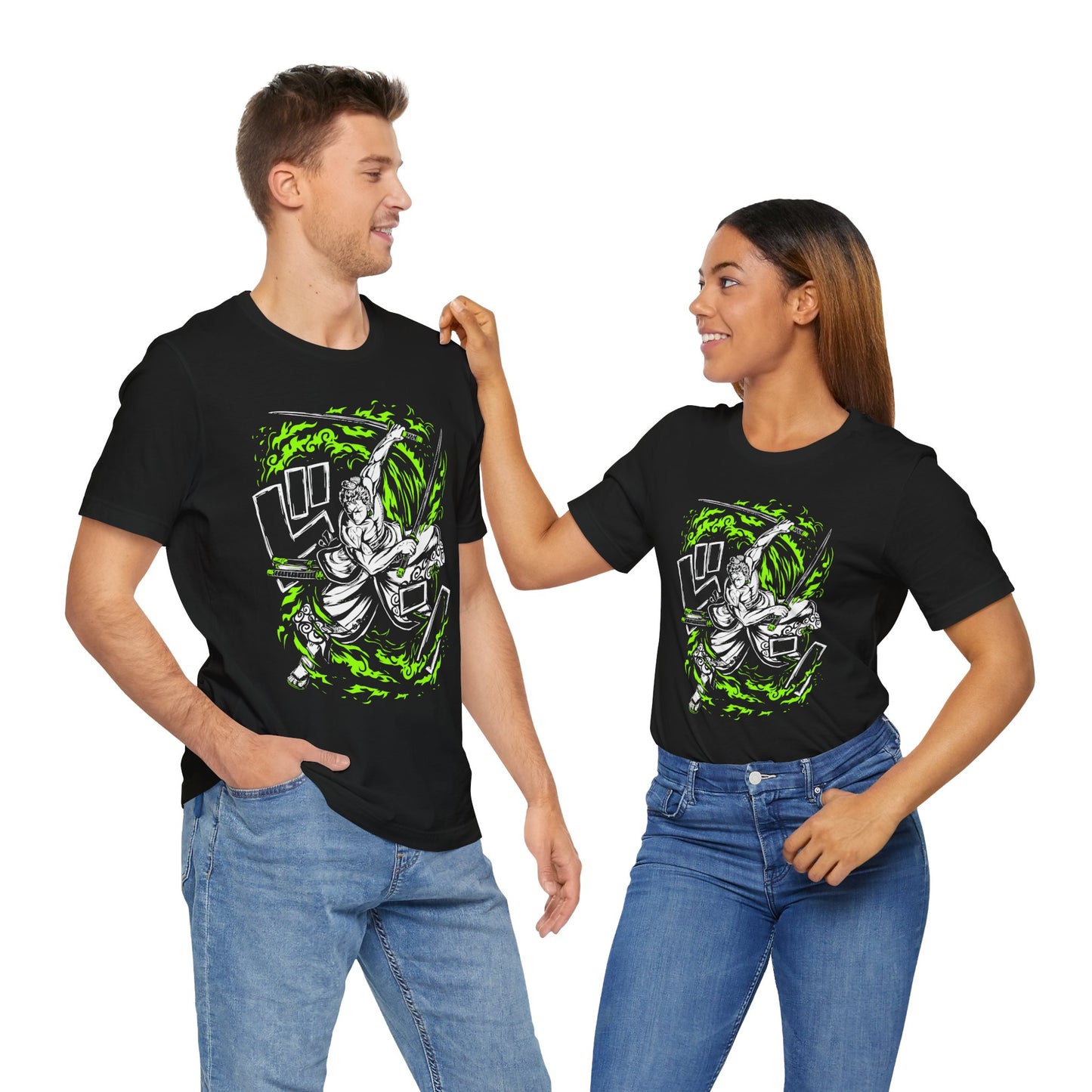 Alt: Green Flame Swordsman Anime Shirt on black, lifestyle photo, anime shirt worn, Snapping Turtle Gallery