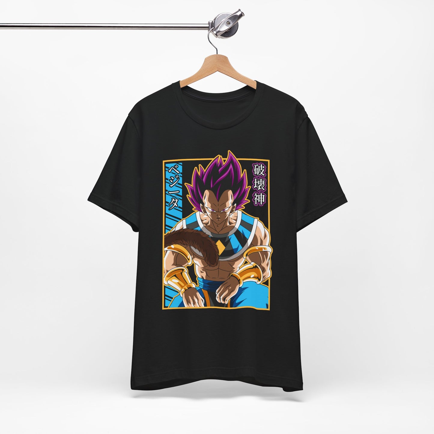 Alt: Hakai God Saiyan Anime Shirt on black, flat lay display, Dragon Ball inspired shirt at Snapping Turtle Gallery