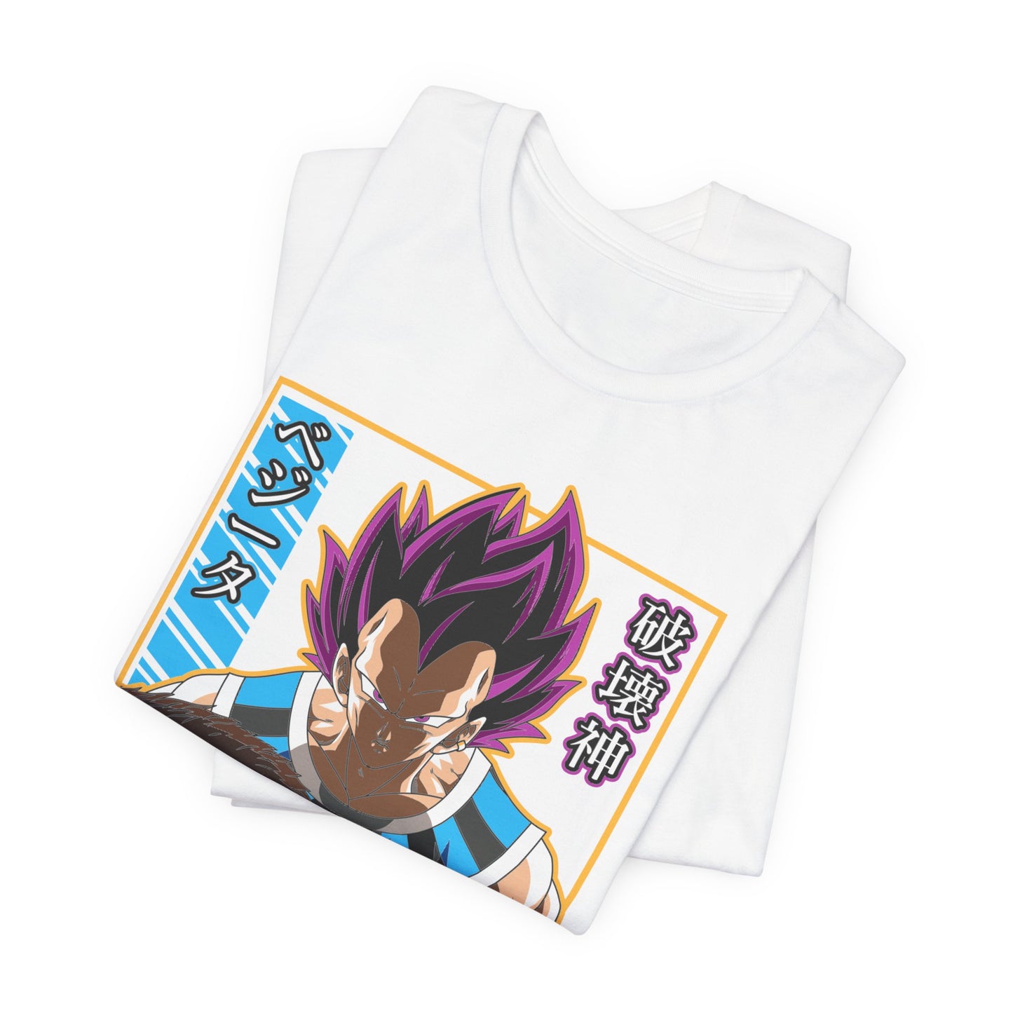 Alt: Hakai God Saiyan Anime Shirt on white, angled front view, anime streetwear by Snapping Turtle Gallery