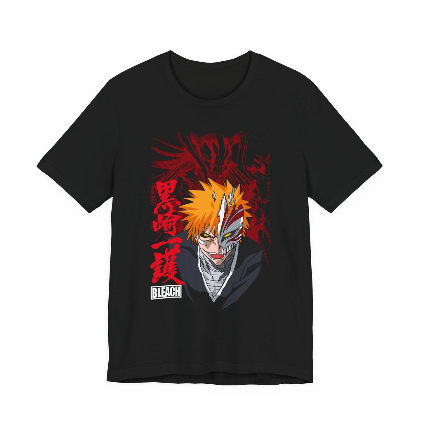 Alt: Hollow Mask Hero Anime Shirt on black, angled front view, anime streetwear by Snapping Turtle Gallery