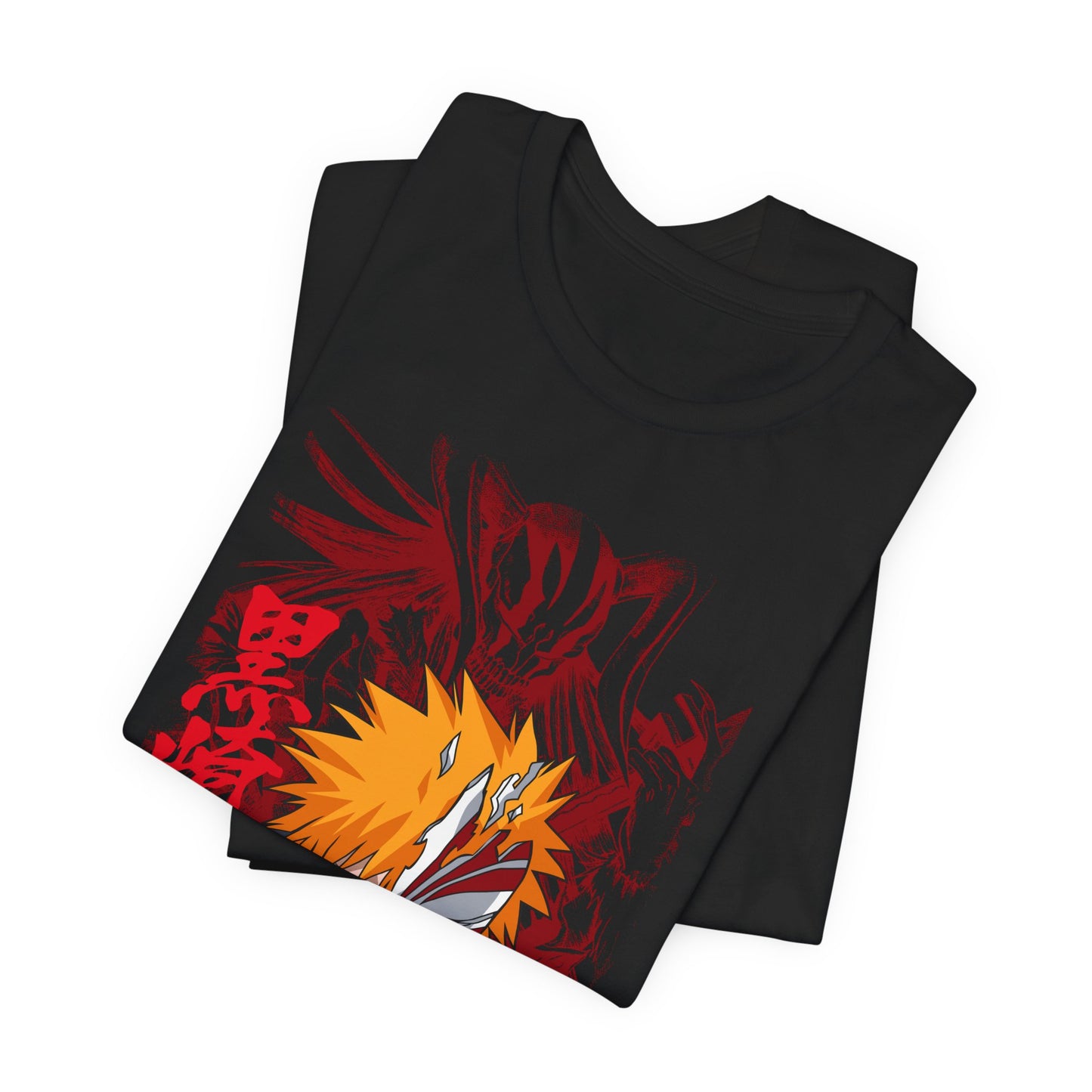 Alt: Hollow Mask Hero Anime Shirt on black, folded display, anime graphic tee by Snapping Turtle Gallery