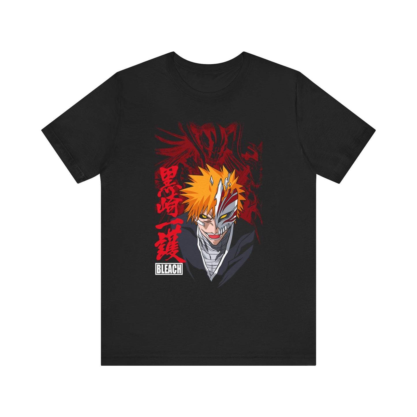 Alt: Hollow Mask Hero Anime Shirt printed on black, front view, anime apparel by Snapping Turtle Gallery