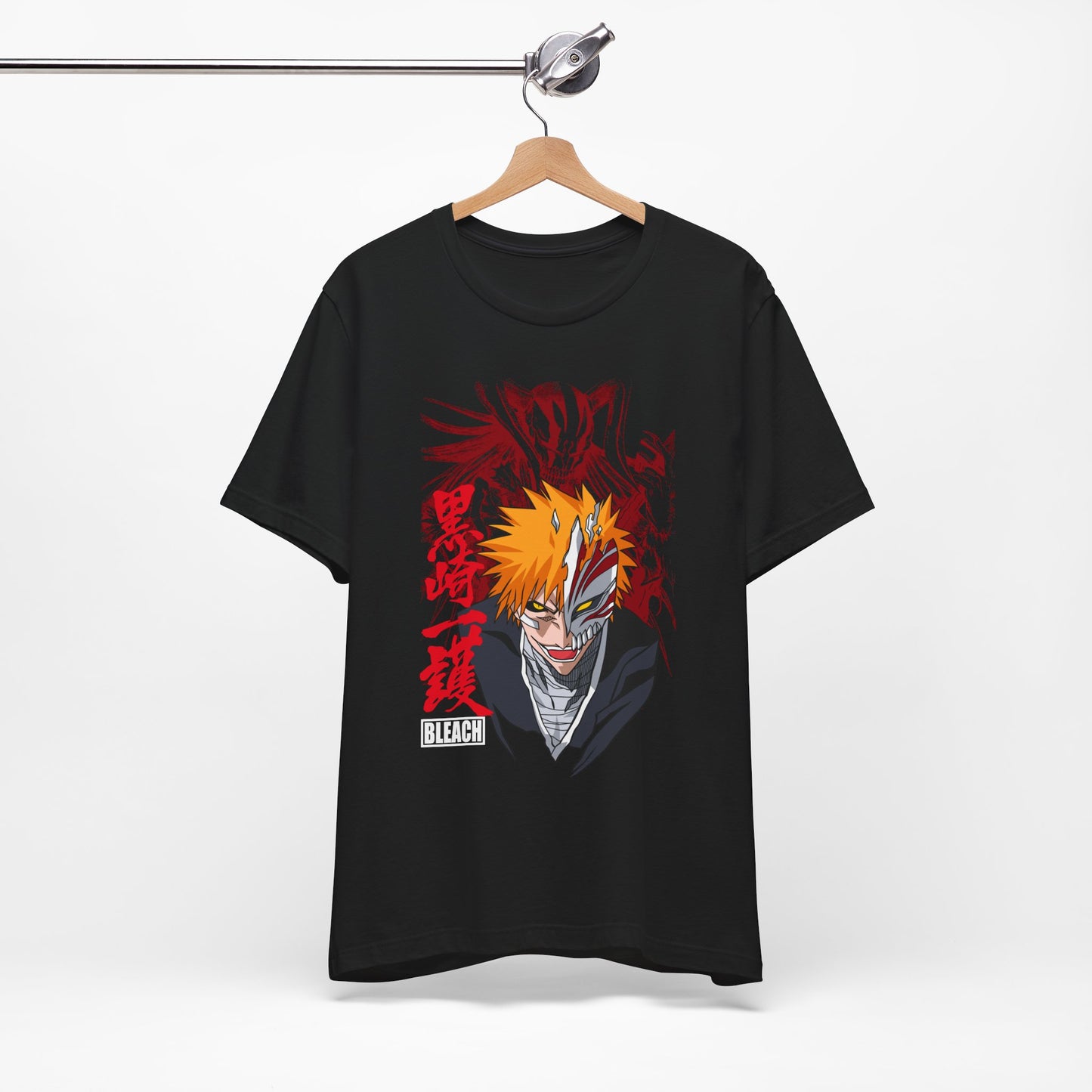 Alt: Hollow Mask Hero Anime Shirt on black, hanging front, anime apparel by Snapping Turtle Gallery
