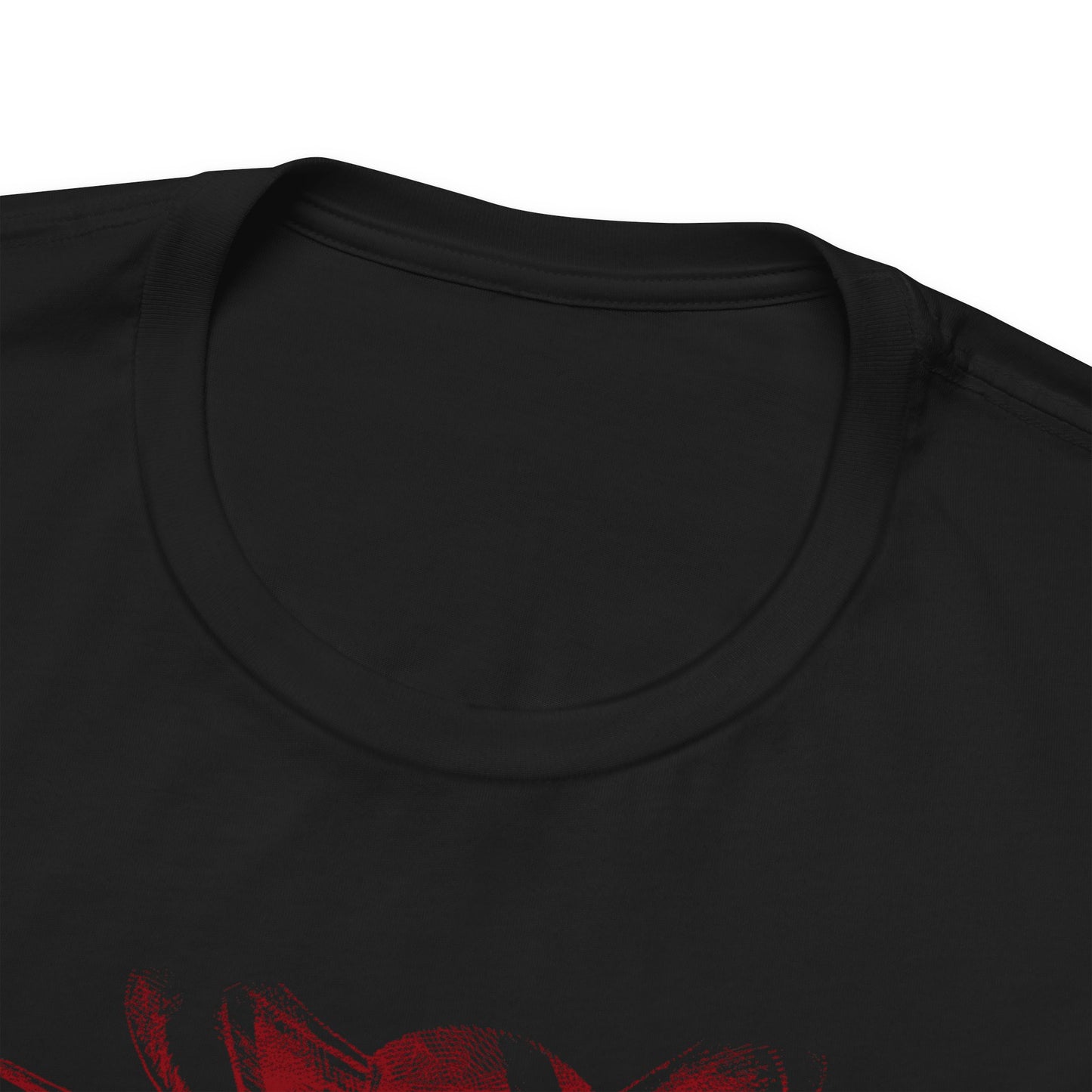 Alt: Hollow Mask Hero Anime Shirt on black, neckline close-up, premium stitching by Snapping Turtle Gallery