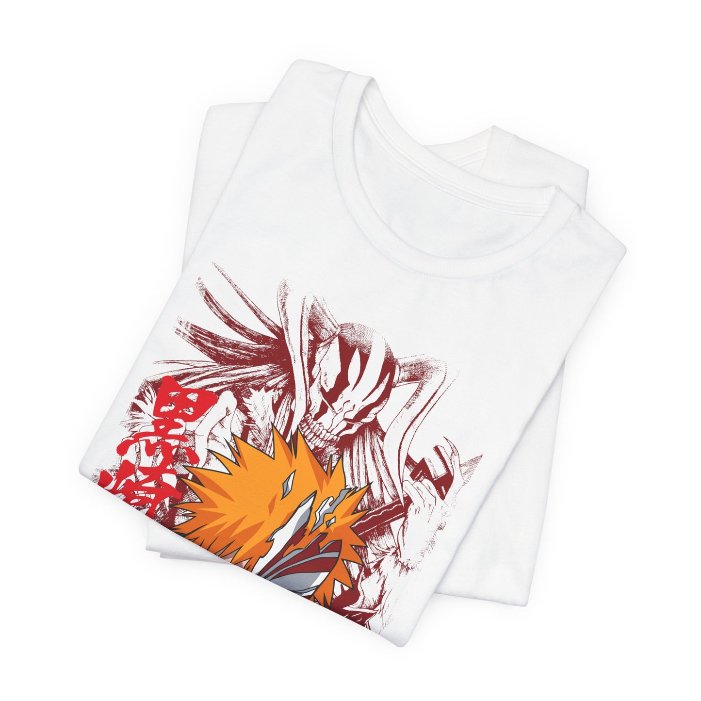 Alt: Hollow Mask Hero Anime Shirt on white, folded display, anime graphic tee by Snapping Turtle Gallery