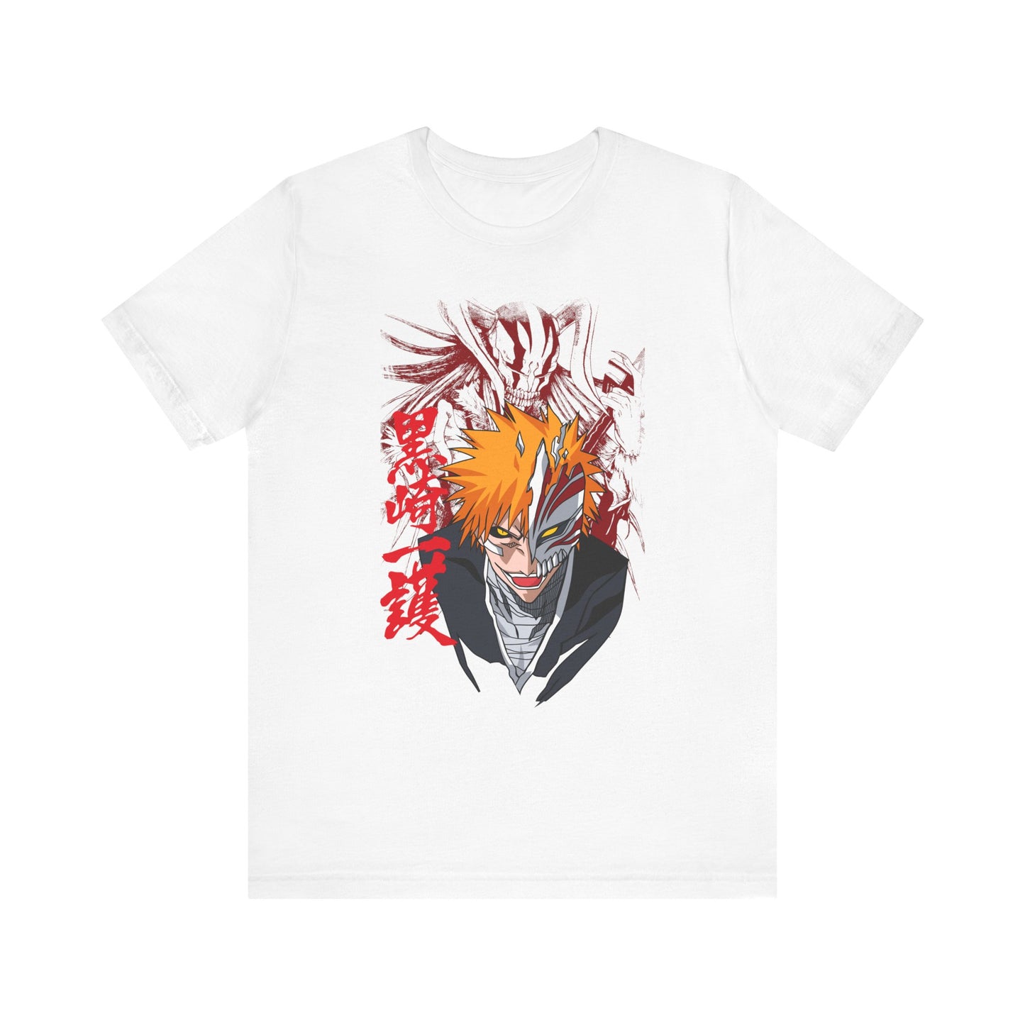 Alt: Hollow Mask Hero Anime Shirt printed on white, front view, anime apparel by Snapping Turtle Gallery