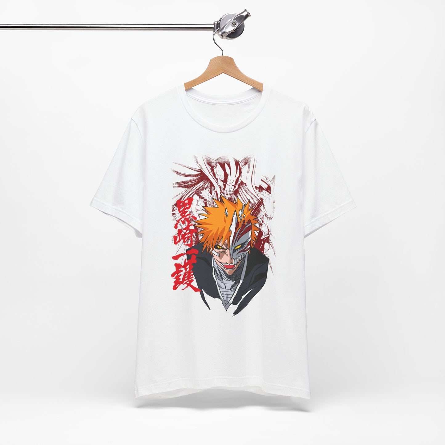 Alt: Hollow Mask Hero Anime Shirt on white, hanging front, anime apparel by Snapping Turtle Gallery