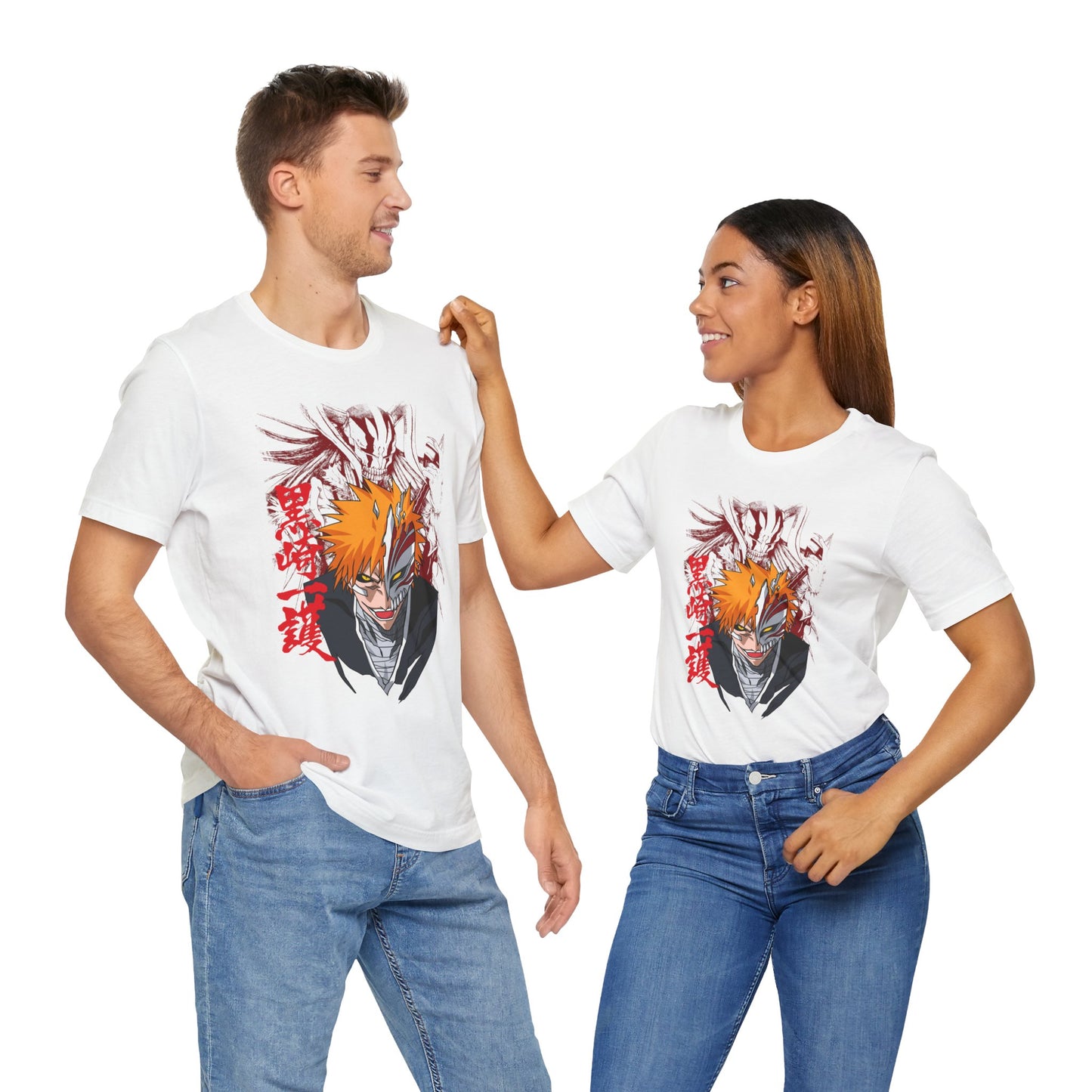 Alt: Hollow Mask Hero Anime Shirt on white, worn by models, lifestyle display by Snapping Turtle Gallery